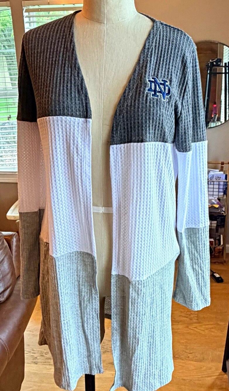 Gameday Couture Womens L Colorblock Waffle Knit Open Cardigan Gray White Logo